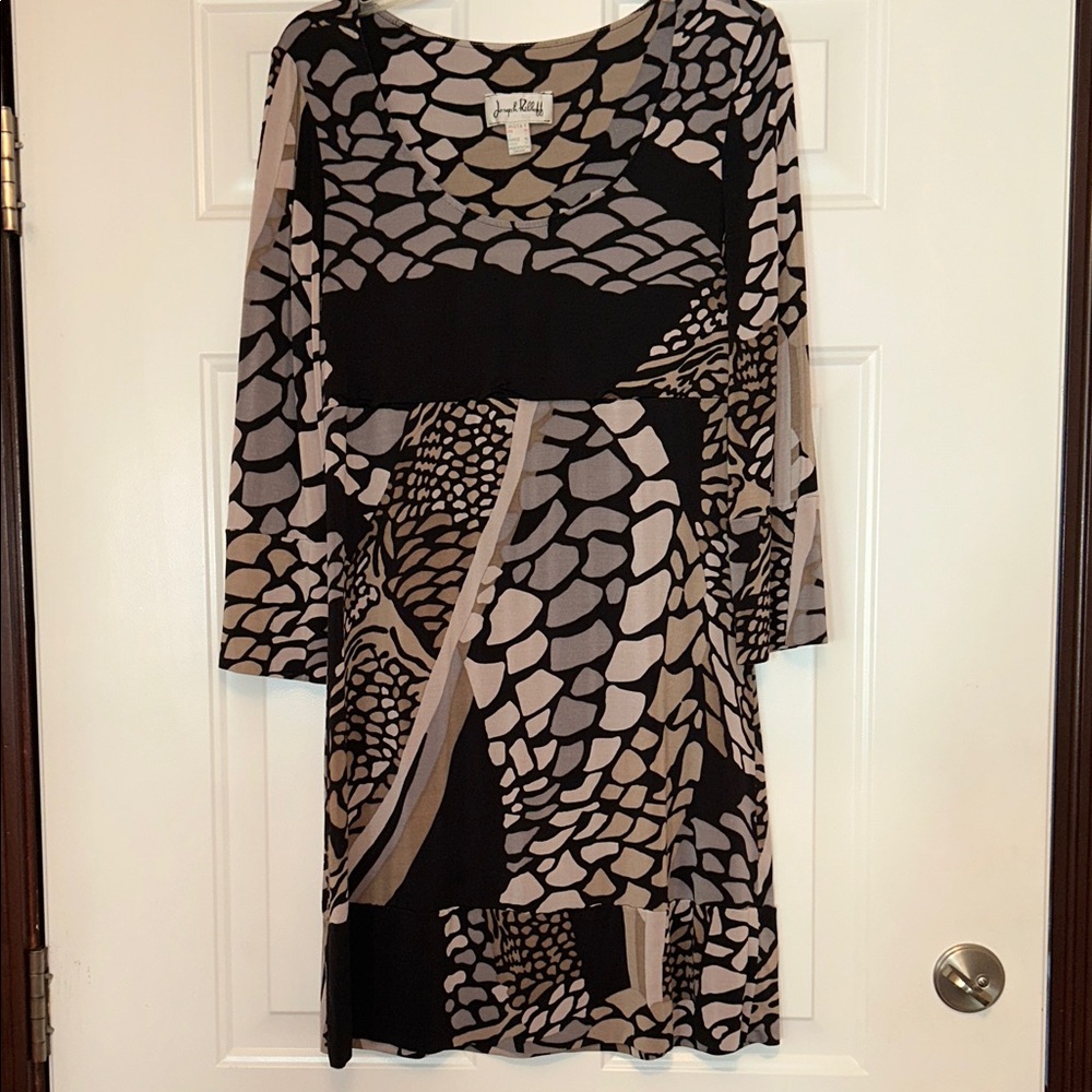 Joseph Ribkoff Dress 12 Black/Tan 3/4 Sleeve Wearable Art Y2K Maximalist